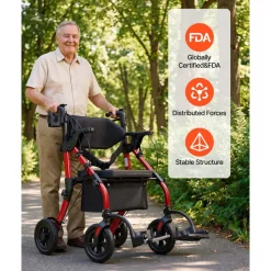 VEVOR 2-in-1 Rollator Walker & Transport Chair for Seniors, Foldable Rolling Walker Wheelchair, Lightweight Aluminum Mobility Walking Aid with Solid PU Wheels, Cup & Cane Holder - Supports 300LBS