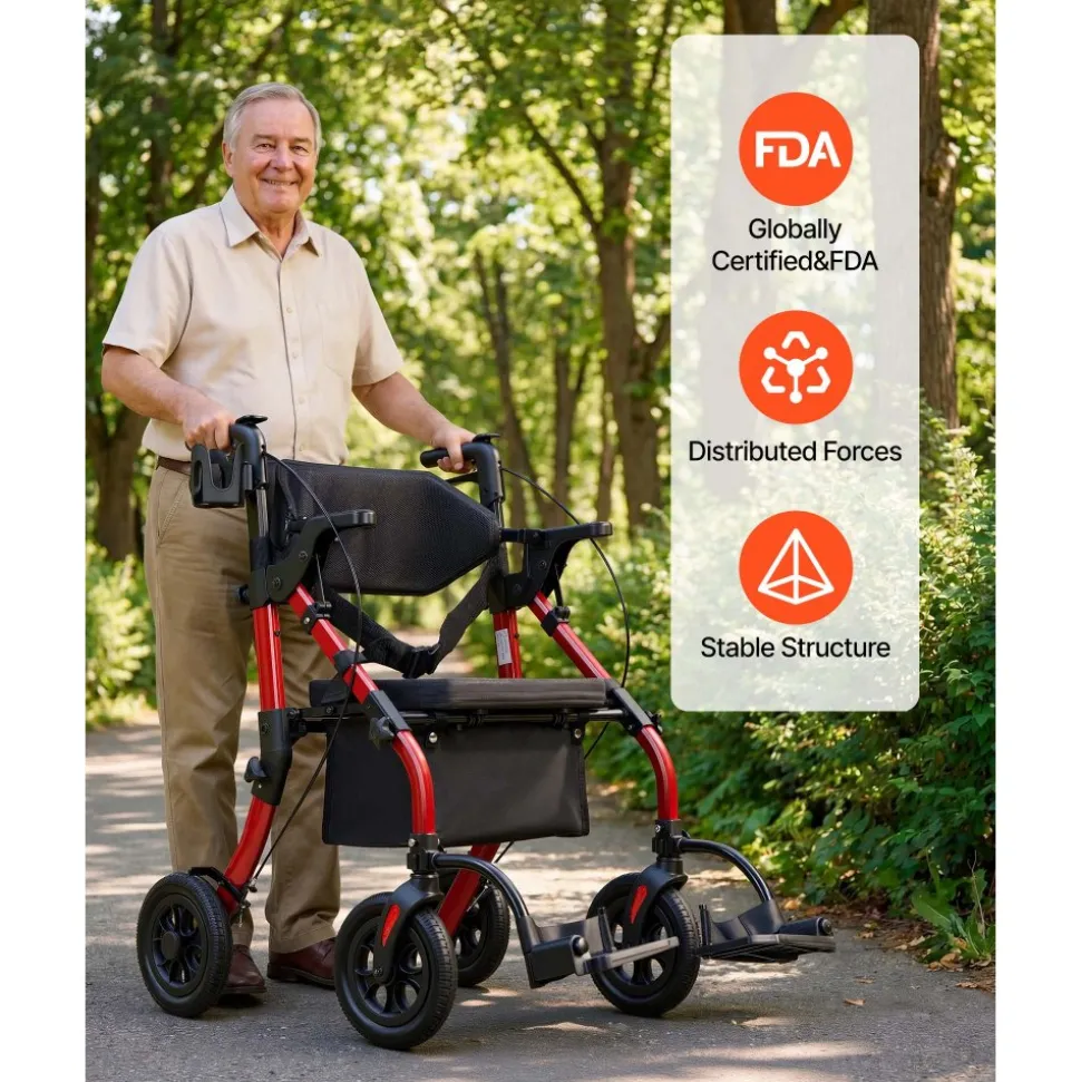 VEVOR 2-in-1 Rollator Walker & Transport Chair for Seniors, Foldable Rolling Walker Wheelchair, Lightweight Aluminum Mobility Walking Aid with Solid PU Wheels, Cup & Cane Holder - Supports 300LBS