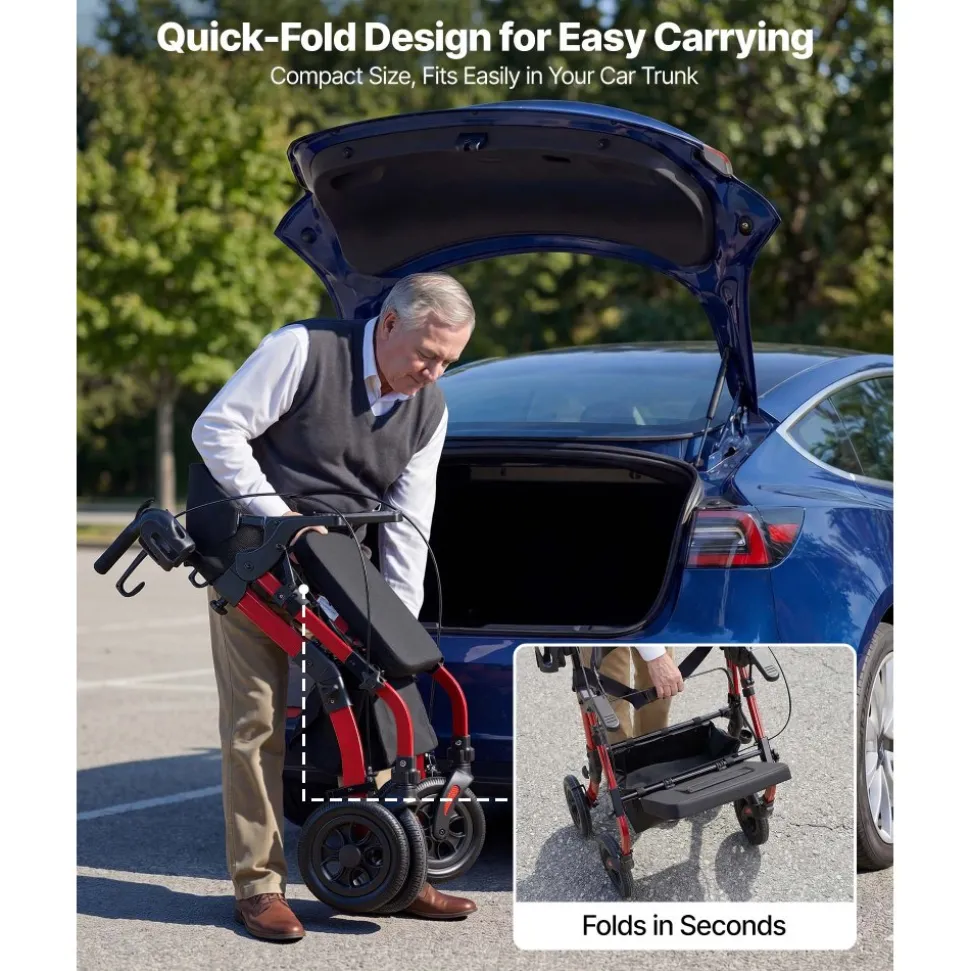VEVOR 2-in-1 Rollator Walker & Transport Chair for Seniors, Foldable Rolling Walker Wheelchair, Lightweight Aluminum Mobility Walking Aid with Solid PU Wheels, Cup & Cane Holder - Supports 300LBS