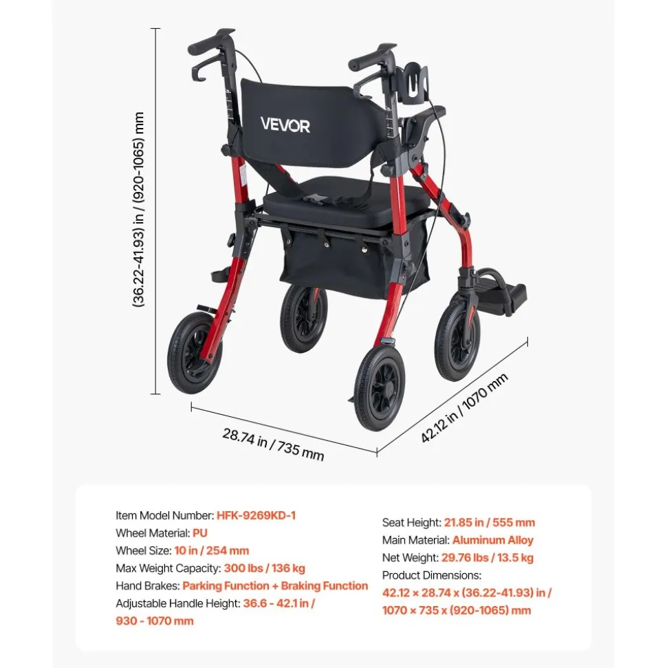 VEVOR 2-in-1 Rollator Walker & Transport Chair for Seniors, Foldable Rolling Walker Wheelchair, Lightweight Aluminum Mobility Walking Aid with Solid PU Wheels, Cup & Cane Holder - Supports 300LBS