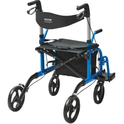 VEVOR 2 in 1 Rollator Walker & Transport Chair for Seniors, Folding Rolling Walker Wheelchair Combo & Footrests, Lightweight Aluminum Mobility Walker with Adjustable Handle, All Terrain Wheels, 300LBS
