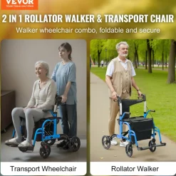 VEVOR 2 in 1 Rollator Walker & Transport Chair for Seniors, Folding Rolling Walker Wheelchair Combo & Footrests, Lightweight Aluminum Mobility Walker with Adjustable Handle, All Terrain Wheels, 300LBS
