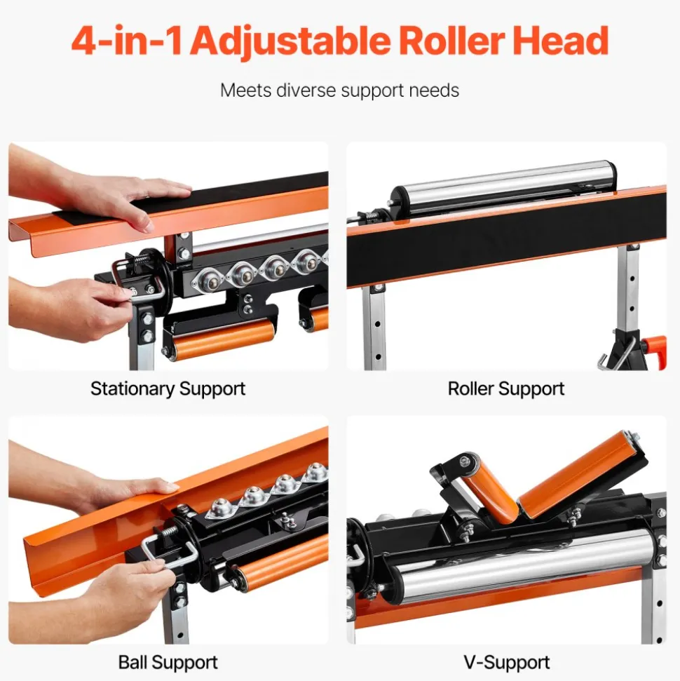 VEVOR 4-in-1 Roller Stand, 440 lb Load Capacity, 33-50 in Adjustable Height, Folding Heavy Duty with Rack & Polished Multi-directional Roller Head, for Table Saw Outfeed Woodworking Extension Support