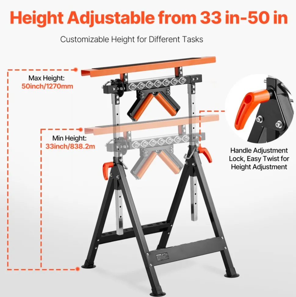 VEVOR 4-in-1 Roller Stand, 440 lb Load Capacity, 33-50 in Adjustable Height, Folding Heavy Duty with Rack & Polished Multi-directional Roller Head, for Table Saw Outfeed Woodworking Extension Support