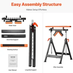 VEVOR 4-in-1 Roller Stand, 440 lb Load Capacity, 33-50 in Adjustable Height, Folding Heavy Duty with Rack & Polished Multi-directional Roller Head, for Table Saw Outfeed Woodworking Extension Support