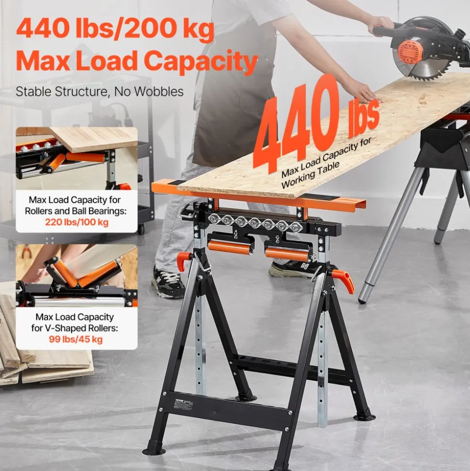 VEVOR 4-in-1 Roller Stand, 440 lb Load Capacity, 33-50 in Adjustable Height, Folding Heavy Duty with Rack & Polished Multi-directional Roller Head, for Table Saw Outfeed Woodworking Extension Support