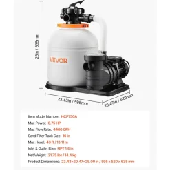 VEVOR 16 in Sand Filter Pump for Above Ground Pool, 0.75 HP 4400 GPH, Swimming Pool Sand Filter Pump with Pre-Assembled & Leak-Resistant Design, 6-Way Valve, High-Efficiency Filtration for Pools