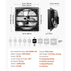 VEVOR 20 in Shutter Exhaust Fan Wall-Mount Automatic Louvers Variable Speed, Sturdy Steel Housing, Low Noise, AC Motor, 4499 CFM Ventilation and Cooling for Attic, Garage, Barn, Greenhouse, Workshop