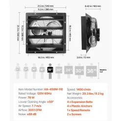 VEVOR 18 in Shutter Exhaust Fan Wall-Mount Automatic Louvers Variable Speed, Sturdy Steel Housing, Low Noise, AC Motor, 3051 CFM Ventilation and Cooling for Attic, Garage, Barn, Greenhouse, Workshop