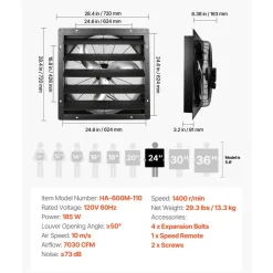 VEVOR 24 in Shutter Exhaust Fan Wall-Mount Automatic Louvers Variable Speed, Sturdy Steel Housing, Low Noise, AC Motor, 7030 CFM Ventilation and Cooling for Attic, Garage, Barn, Greenhouse, Workshop