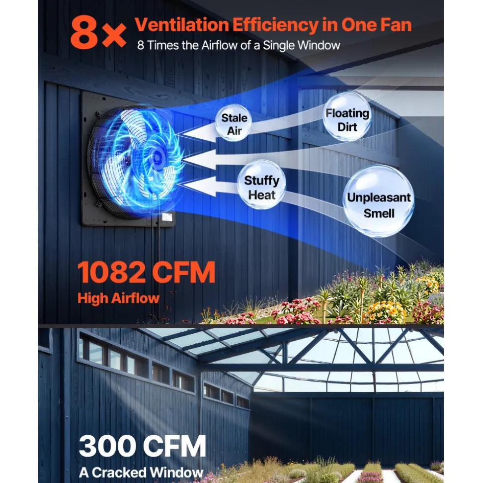 VEVOR 14 in Shutter Exhaust Fan Wall-Mount Automatic Louvers Variable Speed, Sturdy Steel Housing, Low Noise, AC Motor, 1802 CFM Ventilation and Cooling for Attic, Garage, Barn, Greenhouse, Workshop