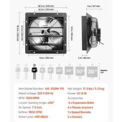 VEVOR 14 in Shutter Exhaust Fan Wall-Mount Automatic Louvers Variable Speed, Sturdy Steel Housing, Low Noise, AC Motor, 1802 CFM Ventilation and Cooling for Attic, Garage, Barn, Greenhouse, Workshop