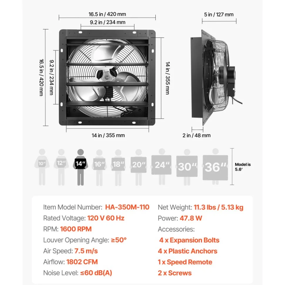 VEVOR 14 in Shutter Exhaust Fan Wall-Mount Automatic Louvers Variable Speed, Sturdy Steel Housing, Low Noise, AC Motor, 1802 CFM Ventilation and Cooling for Attic, Garage, Barn, Greenhouse, Workshop