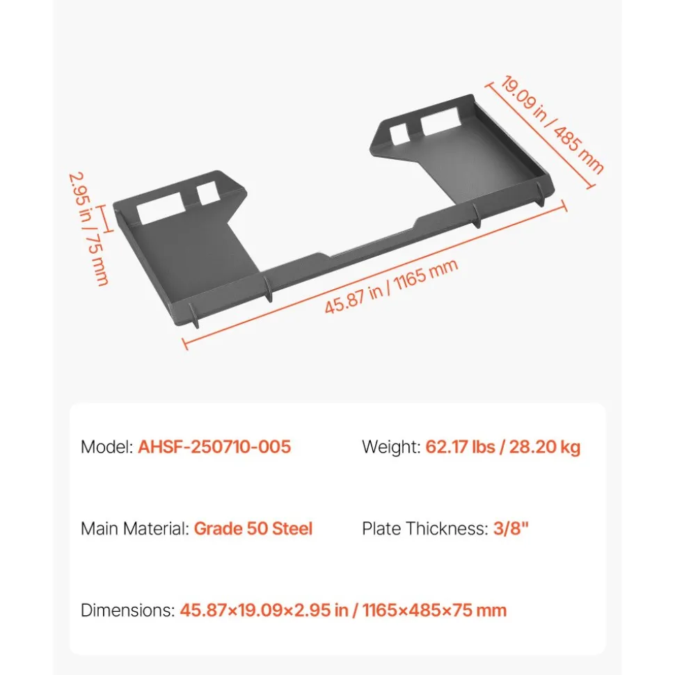 VEVOR 3/8 in Skid Steer Mount Plate Universal Quick Attach Mount Plate, Easy to Bolt, 2000 lbs Load Capacity, Heavy Duty Steel Loader Plates Compatible with Kubota Bobcat Skid Steers and Tractors