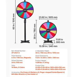 VEVOR 24 in Spinning Prize Wheel, 14 Slots Spinning Wheel with Stand, Adjustable Height Win Fortune Roulette with a Dry Erase and 2 Markers, 6 Colors, Easy Assembly, for Party Pub Trade Show Carnival
