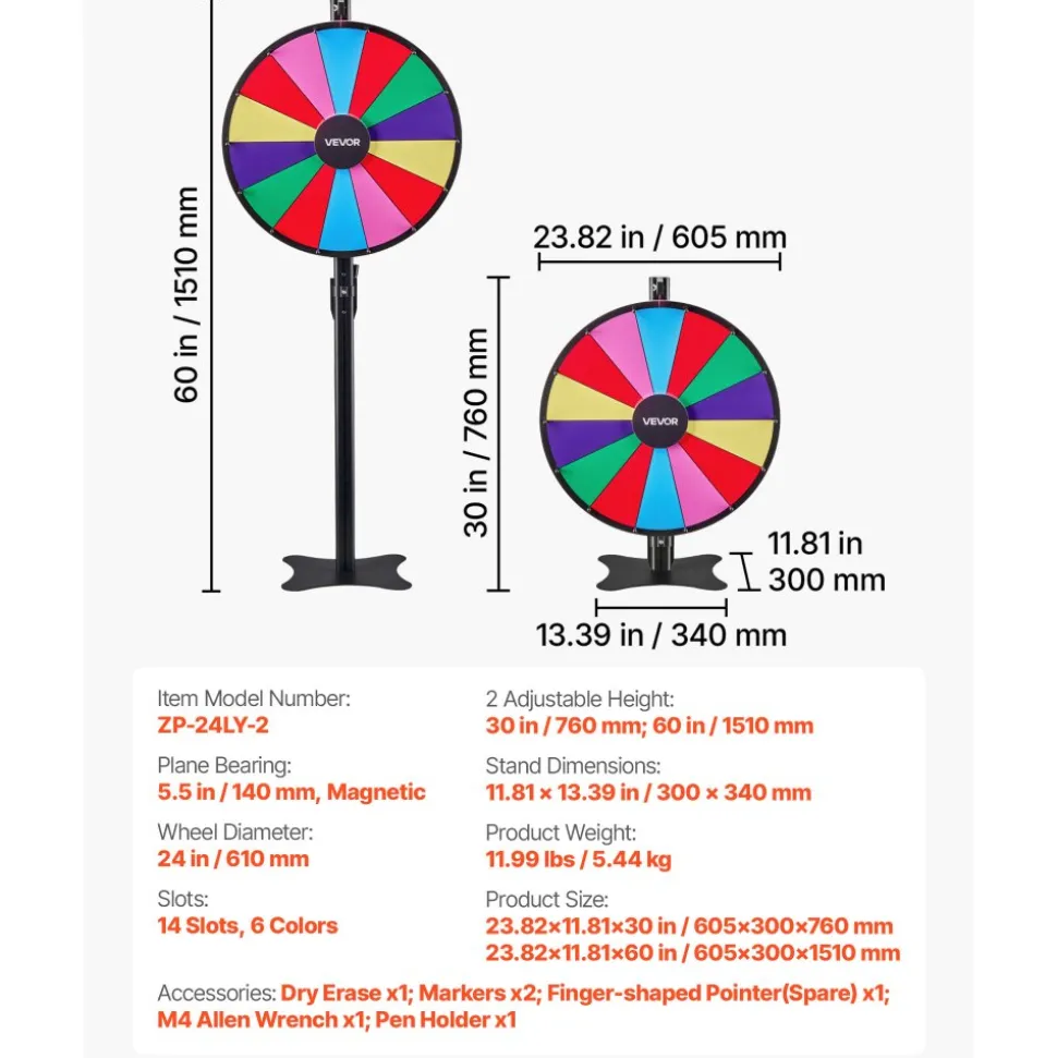 VEVOR 24 in Spinning Prize Wheel, 14 Slots Spinning Wheel with Stand, Adjustable Height Win Fortune Roulette with a Dry Erase and 2 Markers, 6 Colors, Easy Assembly, for Party Pub Trade Show Carnival