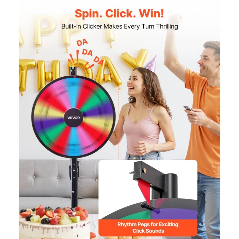 VEVOR 24 in Spinning Prize Wheel, 14 Slots Spinning Wheel with Stand, Adjustable Height Win Fortune Roulette with a Dry Erase and 2 Markers, 6 Colors, Easy Assembly, for Party Pub Trade Show Carnival