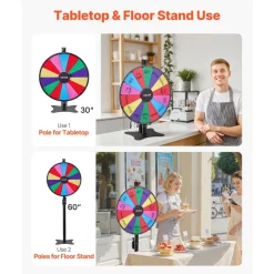 VEVOR 24 in Spinning Prize Wheel, 14 Slots Spinning Wheel with Stand, Adjustable Height Win Fortune Roulette with a Dry Erase and 2 Markers, 6 Colors, Easy Assembly, for Party Pub Trade Show Carnival