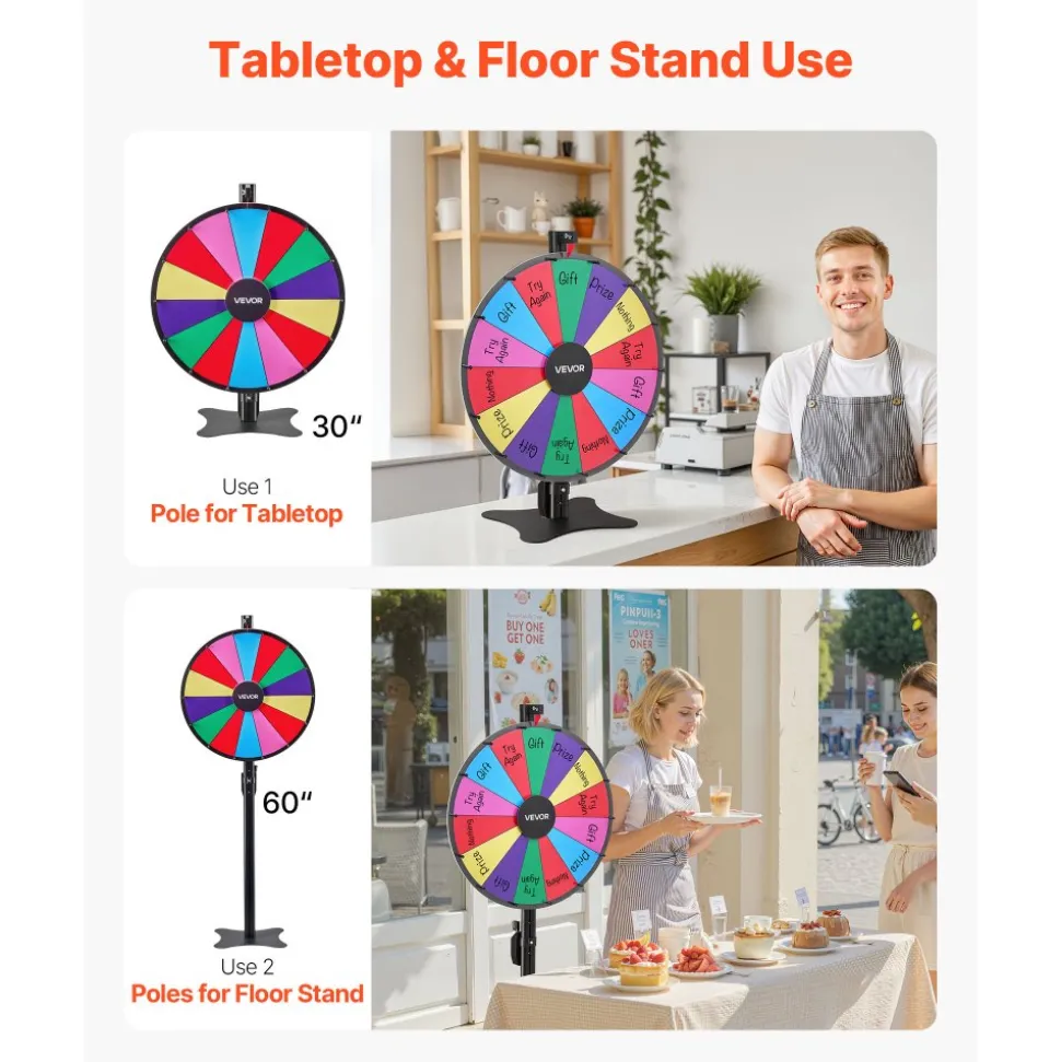 VEVOR 24 in Spinning Prize Wheel, 14 Slots Spinning Wheel with Stand, Adjustable Height Win Fortune Roulette with a Dry Erase and 2 Markers, 6 Colors, Easy Assembly, for Party Pub Trade Show Carnival