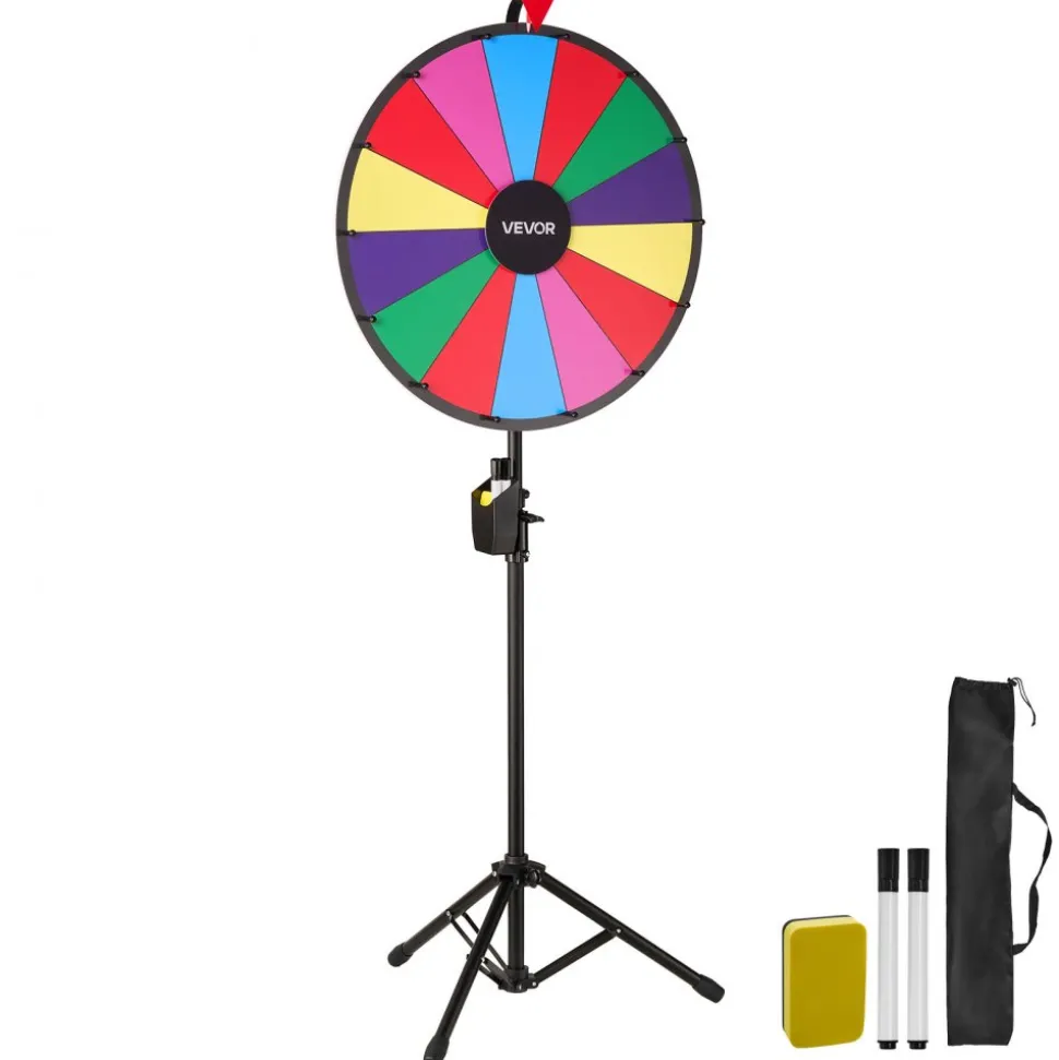 VEVOR 24 in Spinning Prize Wheel, 14 Slots Spinning Wheel with Tripod, Adjustable Height Win Fortune Roulette with a Dry Erase and 2 Markers, 6 Colors, Easy Assembly, for Party Pub Trade Show Carnival