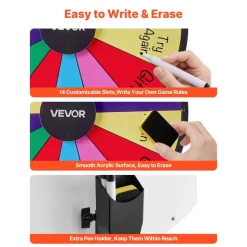 VEVOR 24 in Spinning Prize Wheel, 14 Slots Spinning Wheel with Tripod, Adjustable Height Win Fortune Roulette with a Dry Erase and 2 Markers, 6 Colors, Easy Assembly, for Party Pub Trade Show Carnival