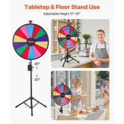 VEVOR 24 in Spinning Prize Wheel, 14 Slots Spinning Wheel with Tripod, Adjustable Height Win Fortune Roulette with a Dry Erase and 2 Markers, 6 Colors, Easy Assembly, for Party Pub Trade Show Carnival
