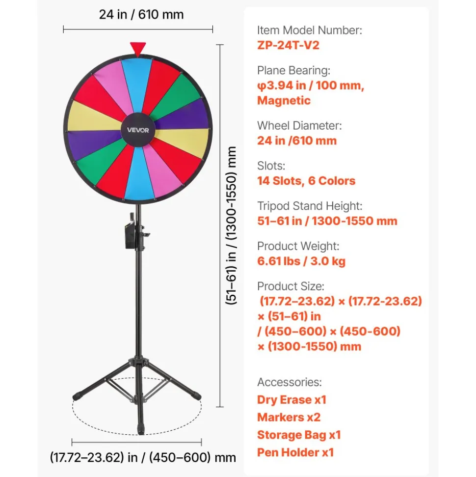VEVOR 24 in Spinning Prize Wheel, 14 Slots Spinning Wheel with Tripod, Adjustable Height Win Fortune Roulette with a Dry Erase and 2 Markers, 6 Colors, Easy Assembly, for Party Pub Trade Show Carnival