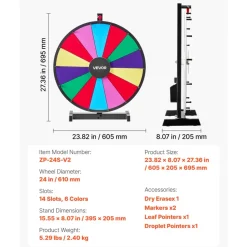 VEVOR 24 in Spinning Prize Wheel, 14 Slots Spinning Wheel with Stand, Tabletop Win Fortune Roulette with a Dry Erase and 2 Markers, 6 Colors, Easy Assembly, for Party Pub Trade Show Carnival Events
