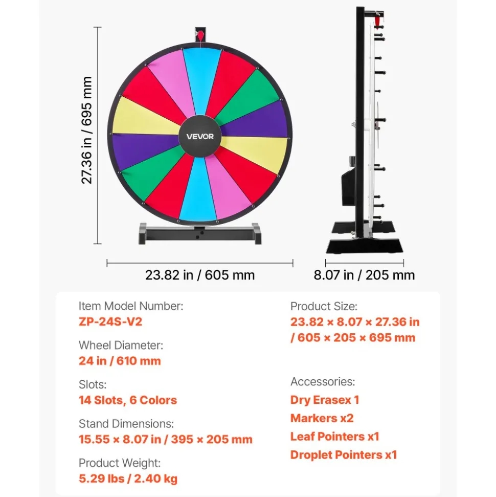 VEVOR 24 in Spinning Prize Wheel, 14 Slots Spinning Wheel with Stand, Tabletop Win Fortune Roulette with a Dry Erase and 2 Markers, 6 Colors, Easy Assembly, for Party Pub Trade Show Carnival Events
