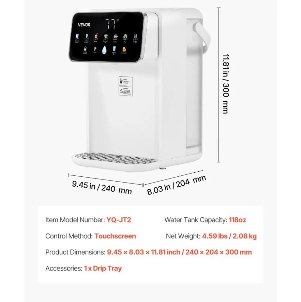 VEVOR Instant Hot Water Dispenser, Countertop Boiling Water Dispenser with Adjustable 7 Temperatures & 7 Water Volumes, 118oz Removable Water Tank, Quick Heating with Touchscreen & Child Lock for Home