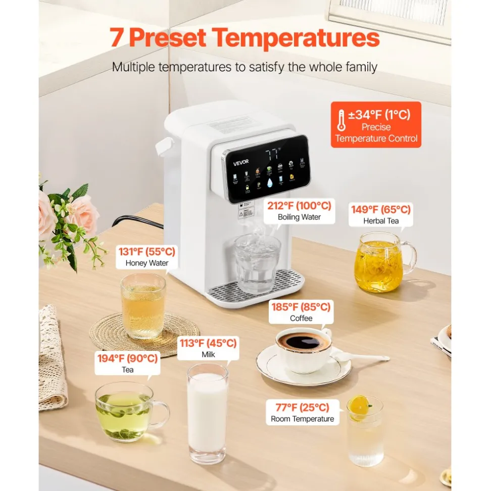 VEVOR Instant Hot Water Dispenser, Countertop Boiling Water Dispenser with Adjustable 7 Temperatures & 7 Water Volumes, 118oz Removable Water Tank, Quick Heating with Touchscreen & Child Lock for Home