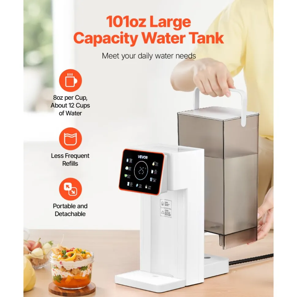 VEVOR Instant Hot Water Dispenser, Countertop Boiling Water Dispenser with Adjustable 6 Temperatures & 7 Water Volumes, 101oz Removable Water Tank, Quick Heating with Touchscreen & Child Lock for Home