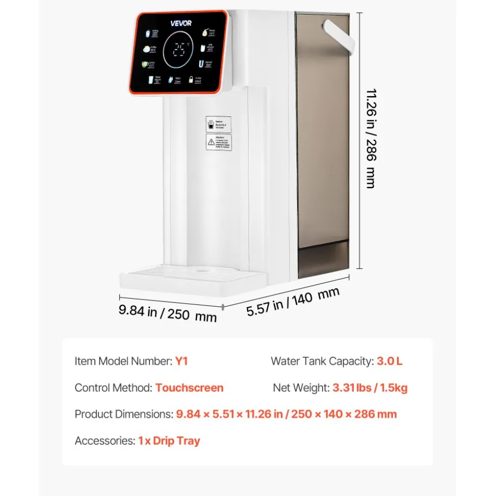 VEVOR Instant Hot Water Dispenser, Countertop Boiling Water Dispenser with Adjustable 6 Temperatures & 7 Water Volumes, 101oz Removable Water Tank, Quick Heating with Touchscreen & Child Lock for Home