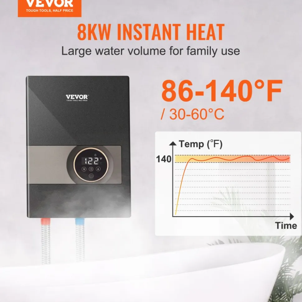 VEVOR Instant Water Heater, 18kw Electric Tankless Water Boiler, Digital Temperature Display & Easy Installation & 24-Hour Water Supply, For Kitchen Bathroom Shower Mall Salon Shampoo ETL Listed