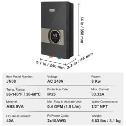 VEVOR Instant Water Heater, 18kw Electric Tankless Water Boiler, Digital Temperature Display & Easy Installation & 24-Hour Water Supply, For Kitchen Bathroom Shower Mall Salon Shampoo ETL Listed