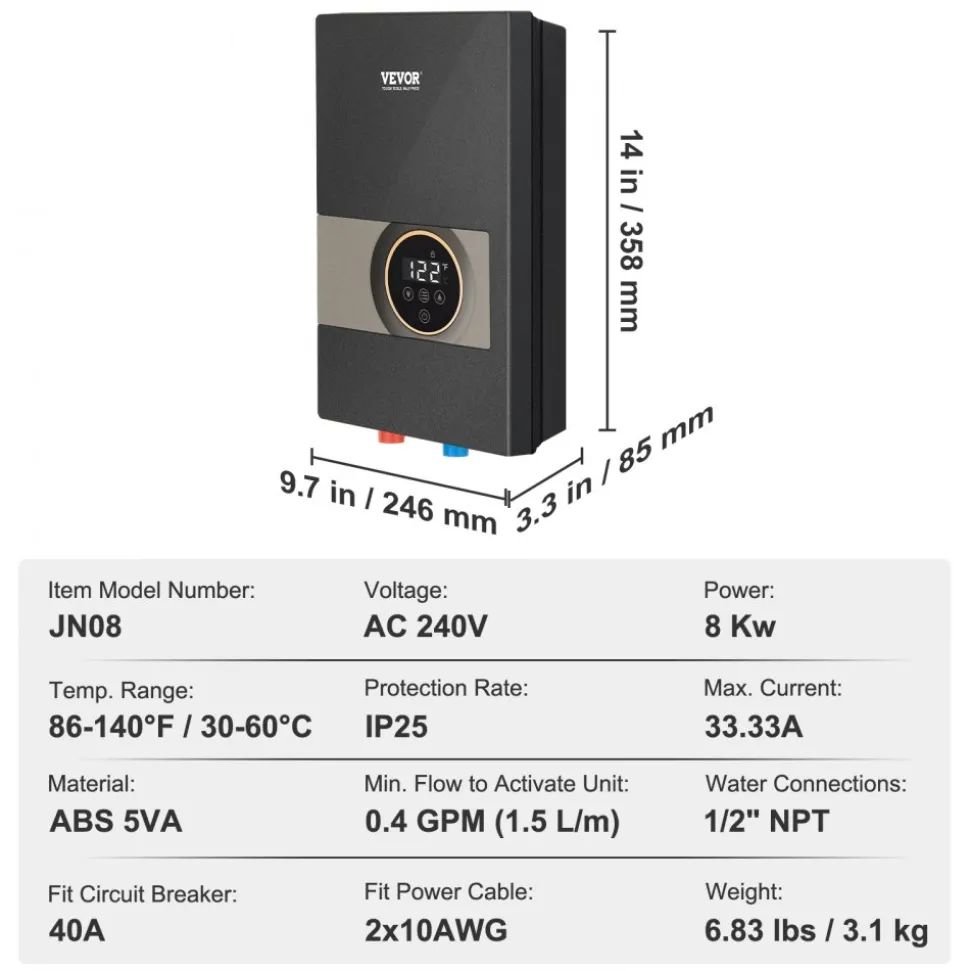 VEVOR Instant Water Heater, 18kw Electric Tankless Water Boiler, Digital Temperature Display & Easy Installation & 24-Hour Water Supply, For Kitchen Bathroom Shower Mall Salon Shampoo ETL Listed