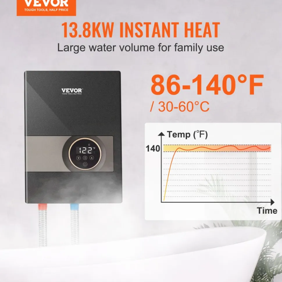 VEVOR Instant Water Heater, 13.8kw Electric Tankless Water Boiler, Digital Temperature Display & Easy Installation & 24-Hour Water Supply, For Kitchen Bathroom Shower Mall Salon Shampoo ETL Listed