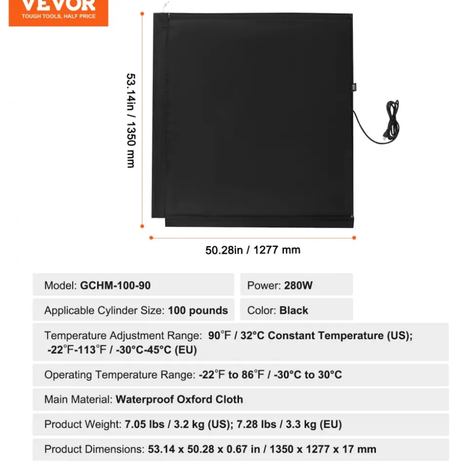 VEVOR Insulated Band Style Gas Cylinder Warmer, Fits 100 lbs Gas Tanks 280W Propane Heater, Fixed Internal Thermostat Max Temp 90 ℉, Durable Waterproof Oxford Fabric, FCC Listed