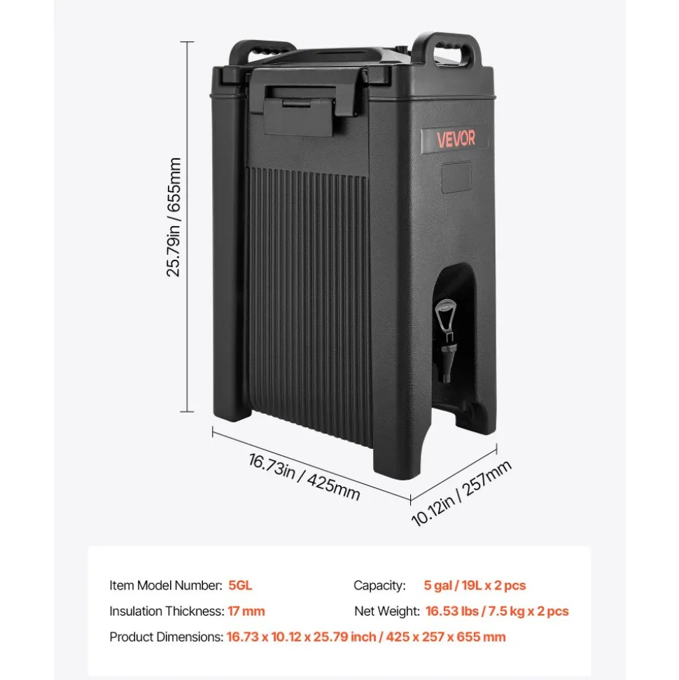 VEVOR Insulated Beverage Dispenser, 5 Gal/19L Hot and Cold Beverage Server with Spigot & Handle, Food-Grade Thermal Drink Dispenser Cooler for Tea Coffee Water in Cafes & Restaurants, 2 Pack, Black