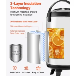 VEVOR Insulated Beverage Dispenser, 2 Gal/7.6L Stainless Steel Thermal Drink Server with Spigot & Temp Display, Suitable for Hot and Cold Drinks, for Tea Coffee Water in Cafes & Restaurants, Silver