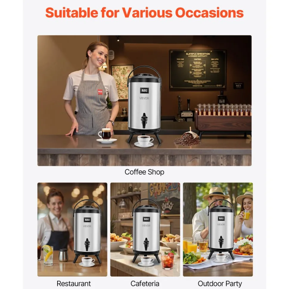 VEVOR Insulated Beverage Dispenser, 2 Gal/7.6L Stainless Steel Thermal Drink Server with Spigot & Temp Display, Suitable for Hot and Cold Drinks, for Tea Coffee Water in Cafes & Restaurants, Silver
