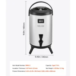 VEVOR Insulated Beverage Dispenser, 2 Gal/7.6L Stainless Steel Thermal Drink Server with Spigot & Temp Display, Suitable for Hot and Cold Drinks, for Tea Coffee Water in Cafes & Restaurants, Silver
