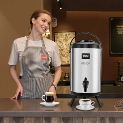 VEVOR Insulated Beverage Dispenser, 2 Gal/7.6L Stainless Steel Thermal Drink Server with Spigot & Temp Display, Suitable for Hot and Cold Drinks, for Tea Coffee Water in Cafes & Restaurants, Silver