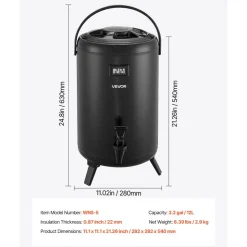VEVOR Insulated Beverage Dispenser, 3.2 Gal/12L Stainless Steel Thermal Drink Server with Spigot & Temp Display, Suitable for Hot and Cold Drinks, for Tea Coffee Water in Cafes & Restaurants, Black