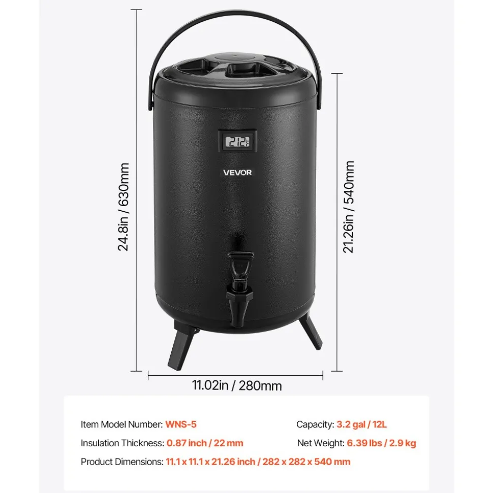 VEVOR Insulated Beverage Dispenser, 3.2 Gal/12L Stainless Steel Thermal Drink Server with Spigot & Temp Display, Suitable for Hot and Cold Drinks, for Tea Coffee Water in Cafes & Restaurants, Black