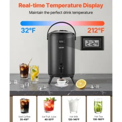 VEVOR Insulated Beverage Dispenser, 3.2 Gal/12L Stainless Steel Thermal Drink Server with Spigot & Temp Display, Suitable for Hot and Cold Drinks, for Tea Coffee Water in Cafes & Restaurants, Black