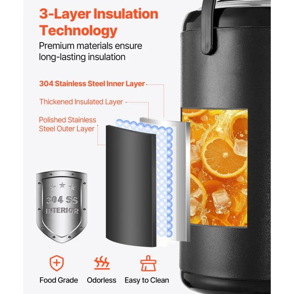 VEVOR Insulated Beverage Dispenser, 3.2 Gal/12L Stainless Steel Thermal Drink Server with Spigot & Temp Display, Suitable for Hot and Cold Drinks, for Tea Coffee Water in Cafes & Restaurants, Black