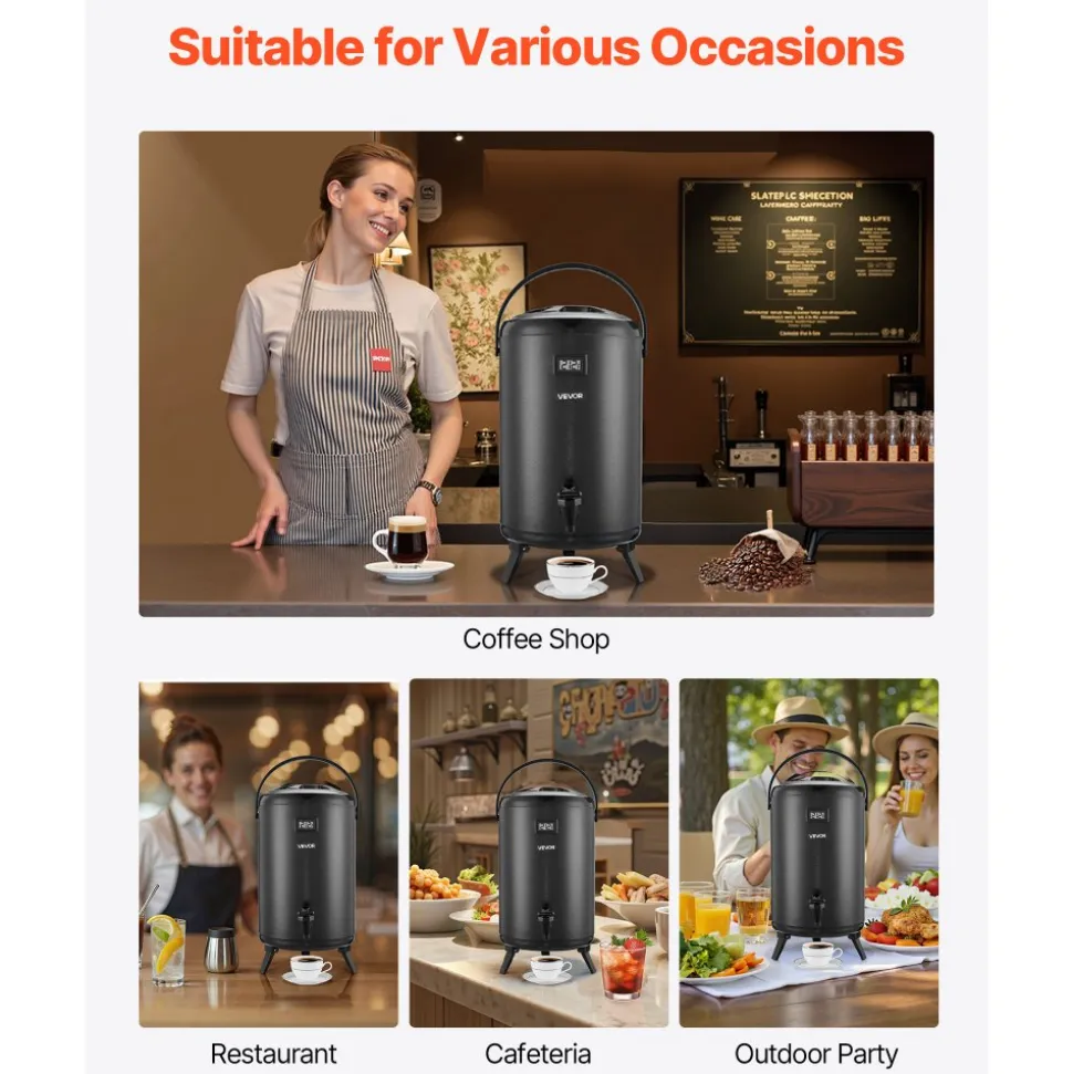 VEVOR Insulated Beverage Dispenser, 3.2 Gal/12L Stainless Steel Thermal Drink Server with Spigot & Temp Display, Suitable for Hot and Cold Drinks, for Tea Coffee Water in Cafes & Restaurants, Black