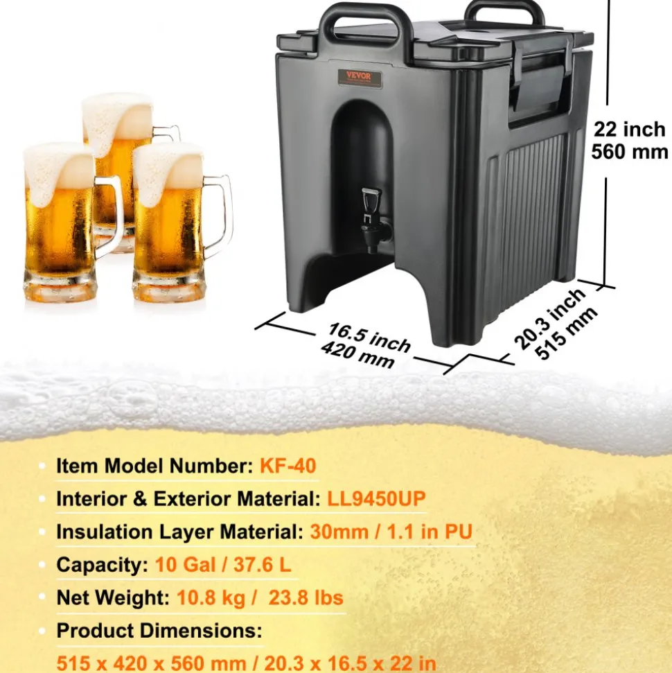 VEVOR Insulated Beverage Dispenser, 10 Gallon, Food-grade LL9450UP Hot and Cold Beverage Server, Thermal Drink Dispenser Cooler with 1.18 in PU Layer Two-Stage Faucet Handle, for Restaurant Drink Shop