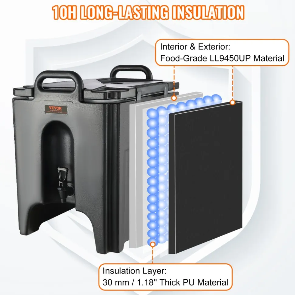 VEVOR Insulated Beverage Dispenser, 10 Gallon, Food-grade LL9450UP Hot and Cold Beverage Server, Thermal Drink Dispenser Cooler with 1.18 in PU Layer Two-Stage Faucet Handle, for Restaurant Drink Shop